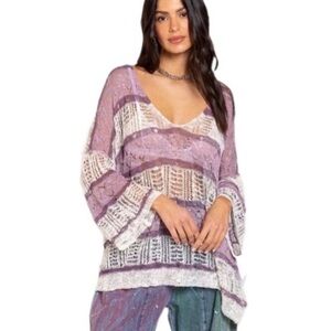 POL Lavender and Cream Open-Knit V-Neck Sweater